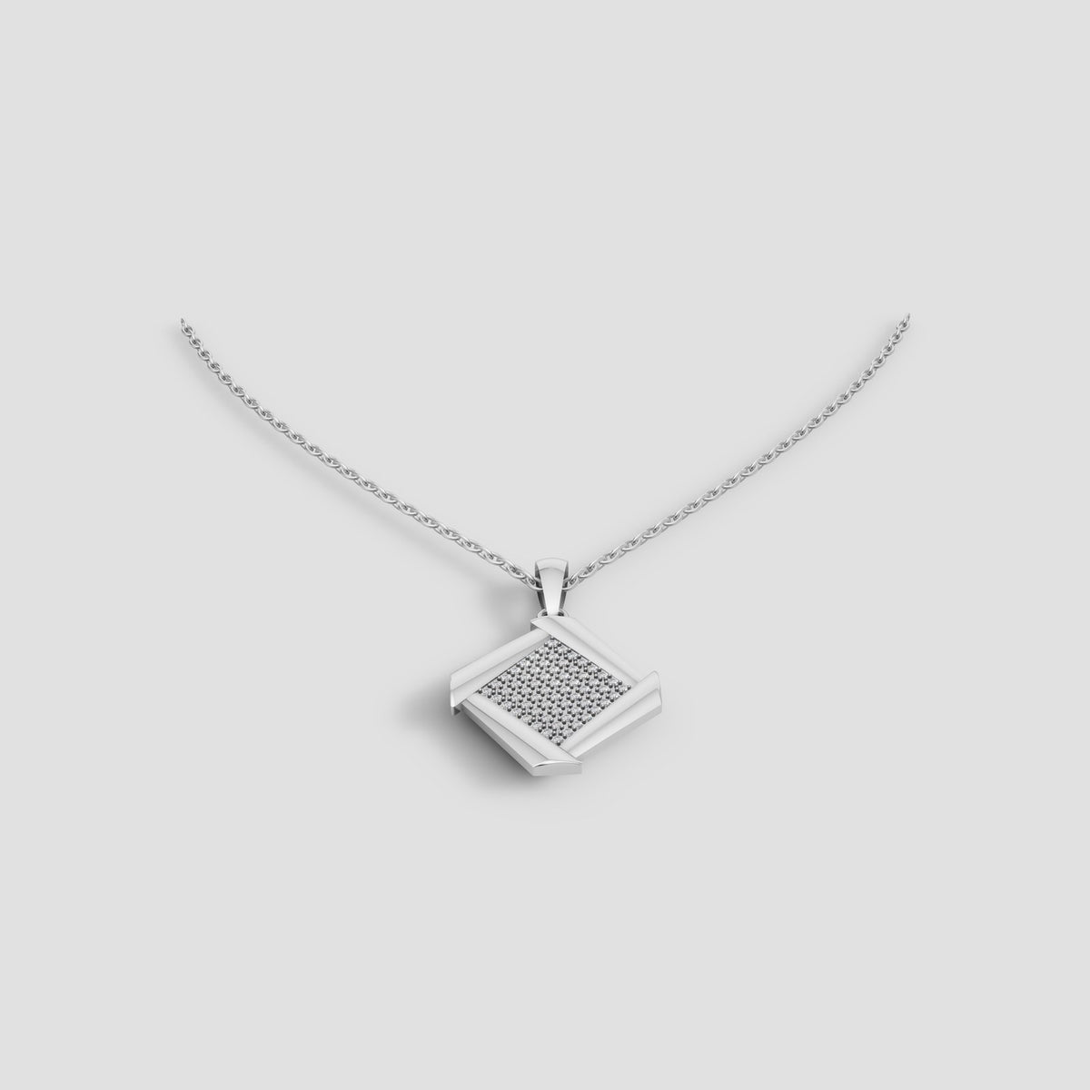 Carre Pave Pendant in White Gold