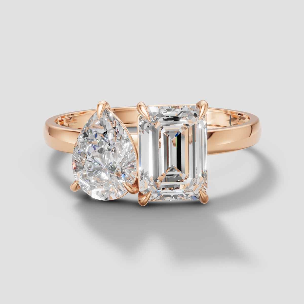 Duet Pear and Emerald Ring in Rose Gold